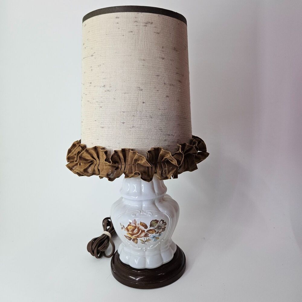 Vintage White Ceramic Table Lamp Brown Floral Design, Made in Brazil Excellent